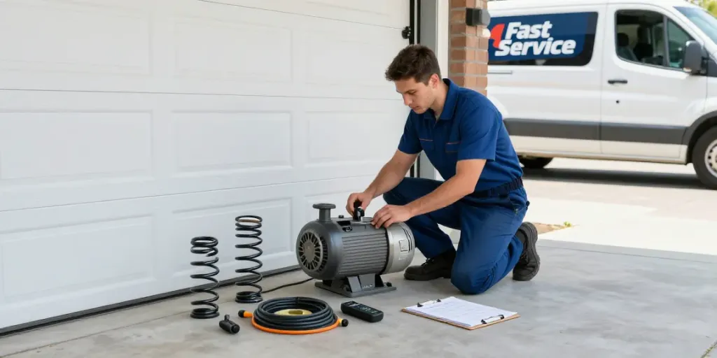 Garage door motor repair technician diagnosing issues in Bedford.