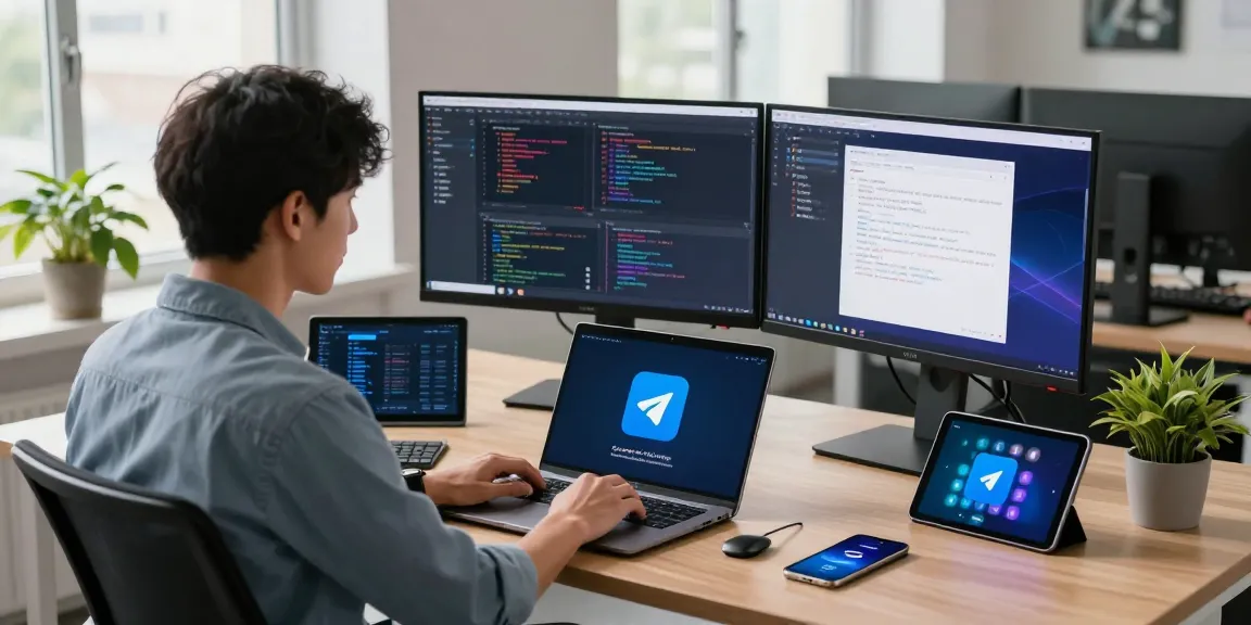 Download Telegram safely in China with modern tech workspace showing VPN and code.
