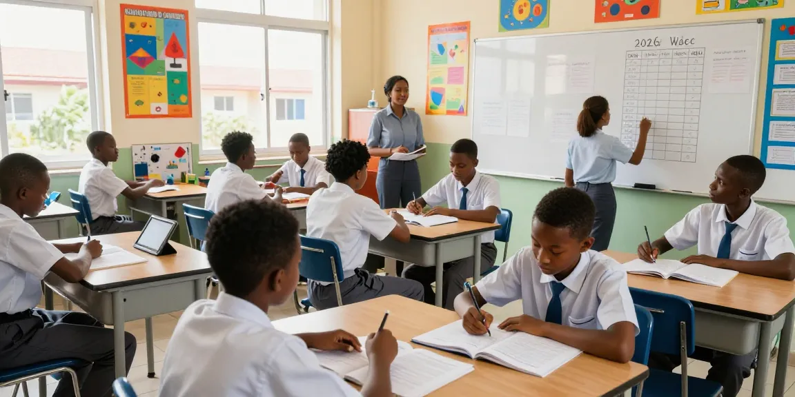 The 2026 waec timetable being written on a whiteboard in a vibrant classroom with students actively engaged in learning.