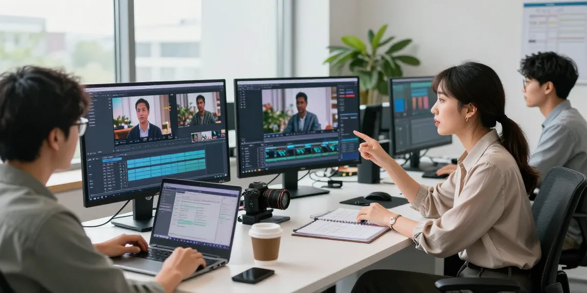 Collaborative video production team generating insights using video prompt ai in a modern workspace.