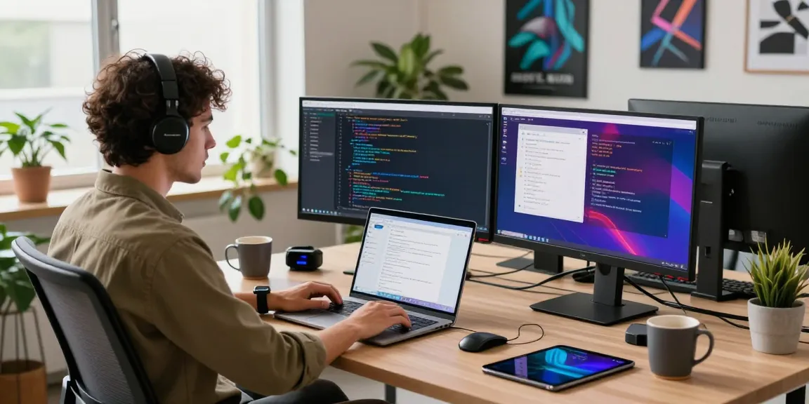 Programmer using 纸飞机中文版 on multi-monitor setup in modern tech office