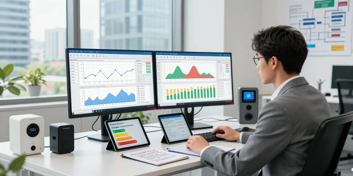 Detailed analysis of half hourly meter data in a modern office setting, showcasing energy efficiency metrics and strategic planning.