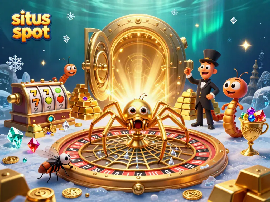 Engage with situs slot's thrilling action as a golden spider spins a roulette wheel web.