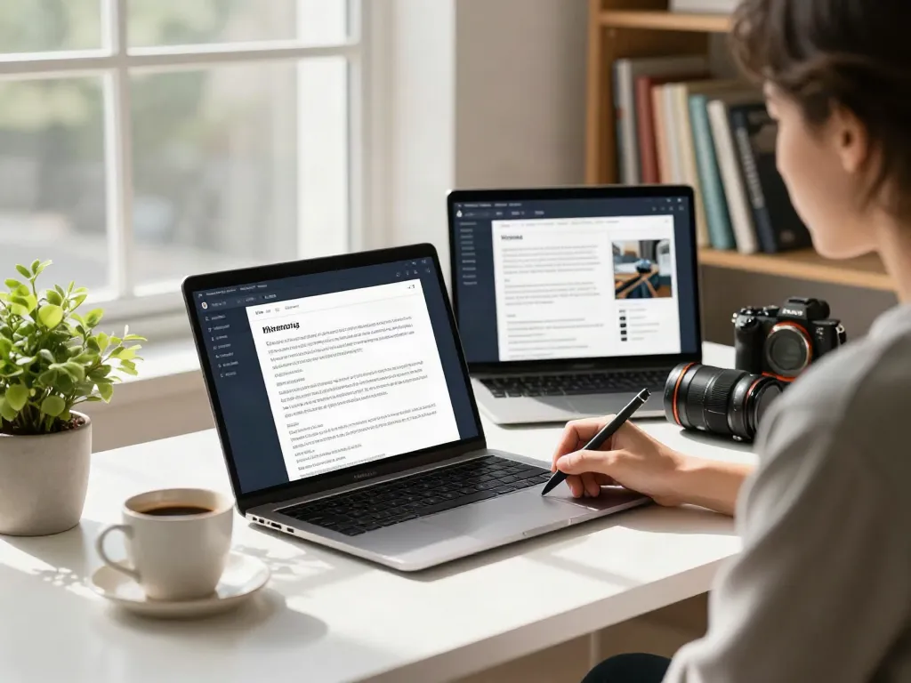 Content creator writing AI generated blog articles in a well-lit workspace.