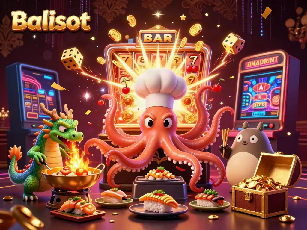 Experience the thrill of Balislot with a vibrant casino scene featuring a sushi octopus chef and jackpot excitement.