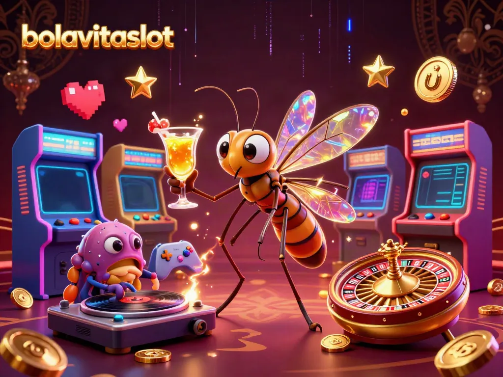 Experience the excitement of bolavitaslot with a lively cartoon scene featuring gaming elements and mascots.