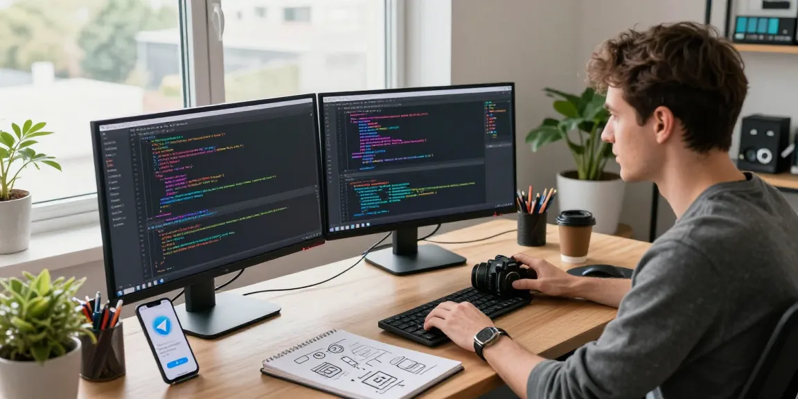 Developer coding with Telegram Chinese bots on monitors in a modern workspace