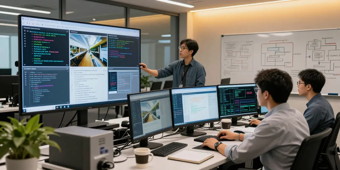 AI Image Detection specialists analyzing images in a high-tech lab.