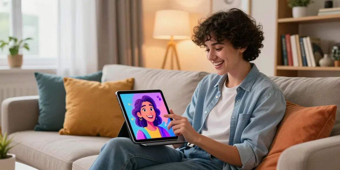 Engaging interaction with an AI girlfriend on a tablet in a cozy living room
