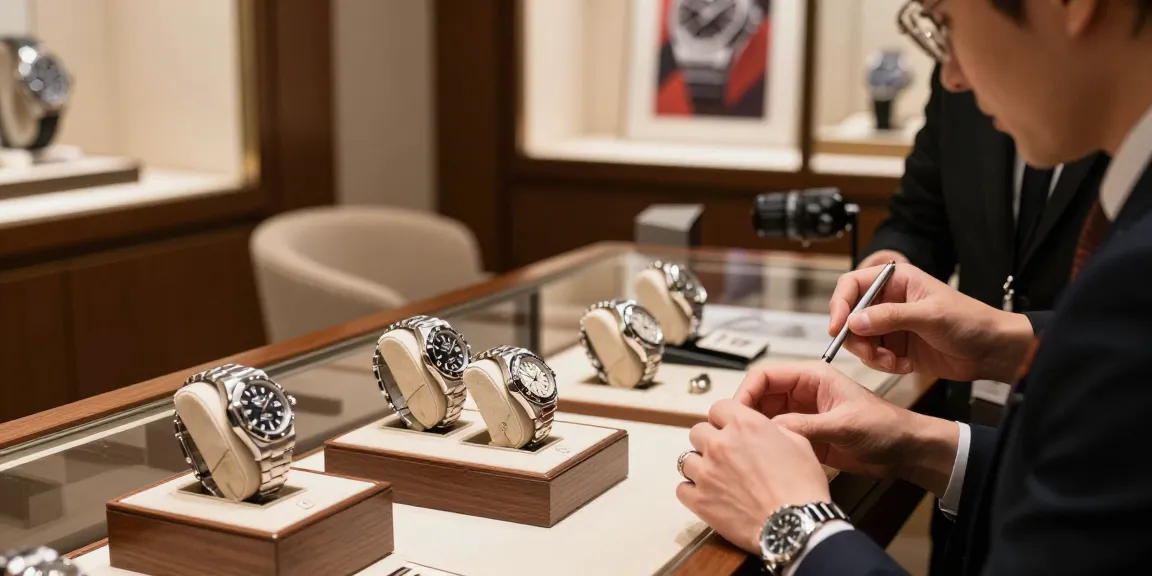 Showcase of exquisite replica watches in a luxury boutique, featuring detailed Rolex and Audemars Piguet models.