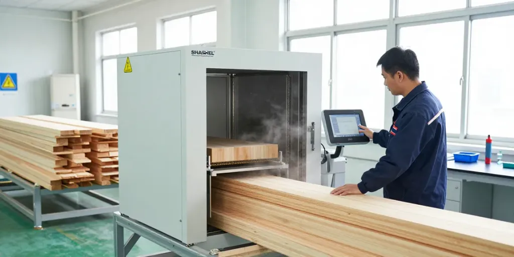 SHASHEL® technician operating innovative microwave equipment for chemical-free woodworm treatment.