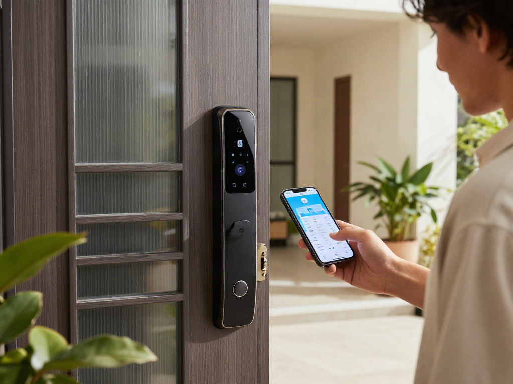 Smart lock قفل هوشمند installation at a modern home entrance showcasing security features and digital interface.