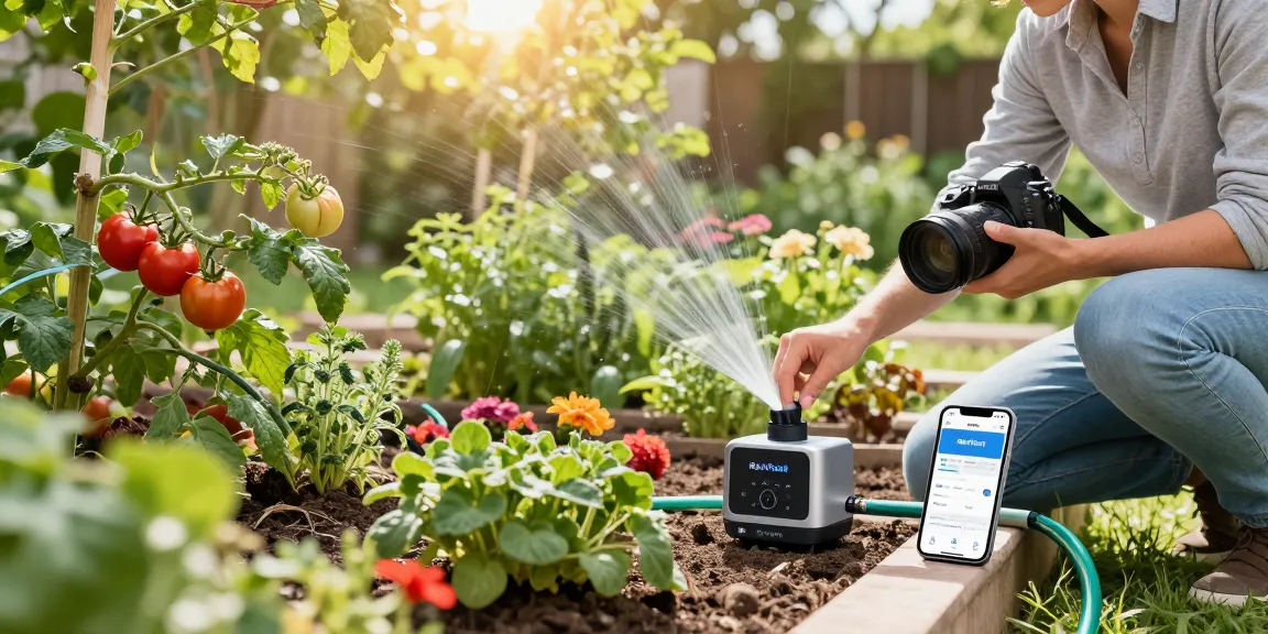 Installing the rainpoint automatic watering system in a lush home garden with vibrant plants and smart app integration.