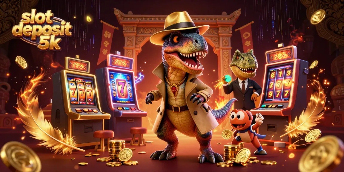Experience excitement at the slot deposit 5k with cartoon dinosaurs amidst golden coins and vibrant effects.