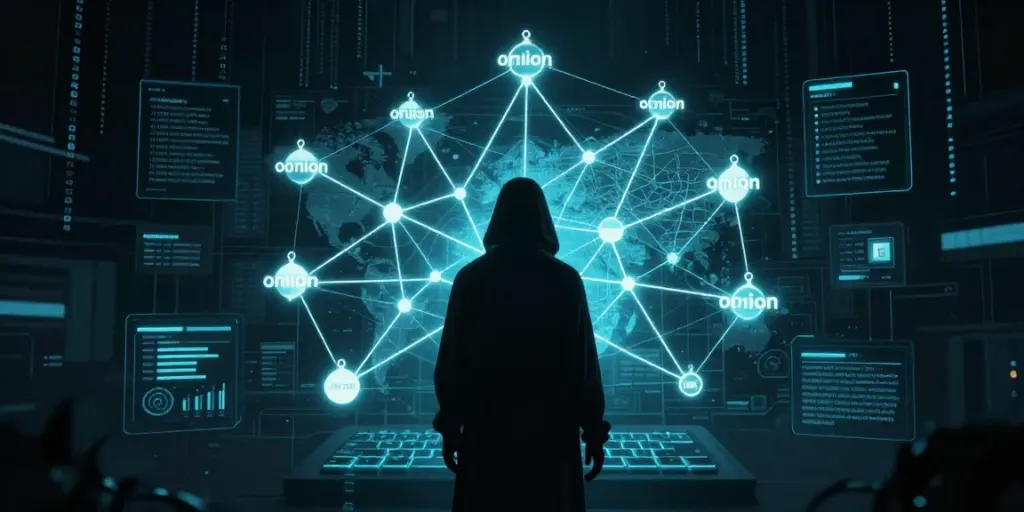 Shadowy figure exploring the hidden wiki's intricate .onion network interface, illuminated links