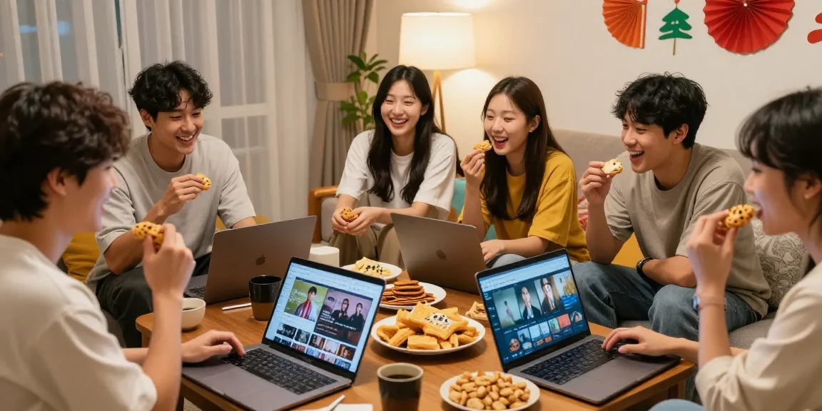 Friends discussing favorite Asian shows at https://hanadultalk.com with snacks and laptops in a cozy living room.