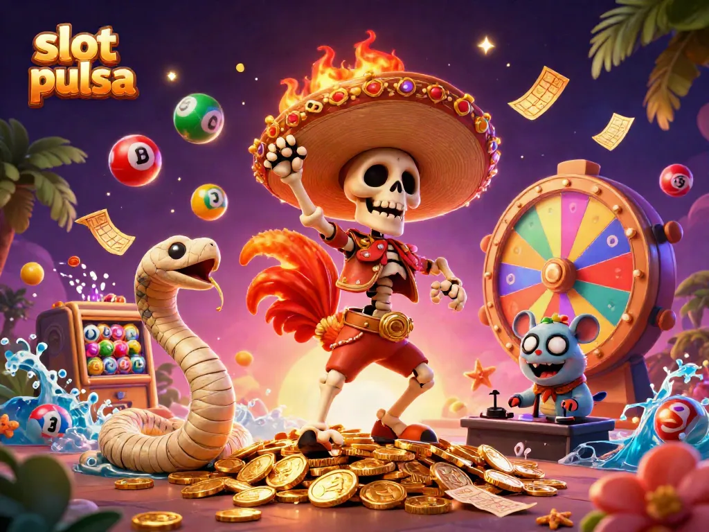 Slot pulsa memungkinkan kemenangan besar dengan simbol slot yang berkilau di tumpukan koin emas.