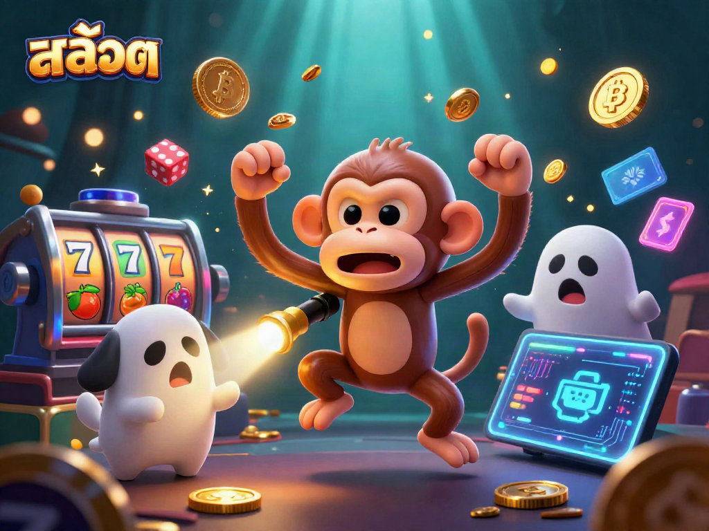 Experience สล็อต excitement as a mischievous monkey juggles golden prizes in a haunted casino scene.