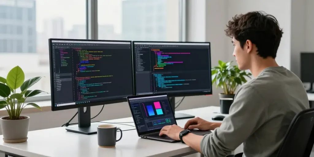 Developer coding at h5.2113.net in a modern workspace with dual monitors.