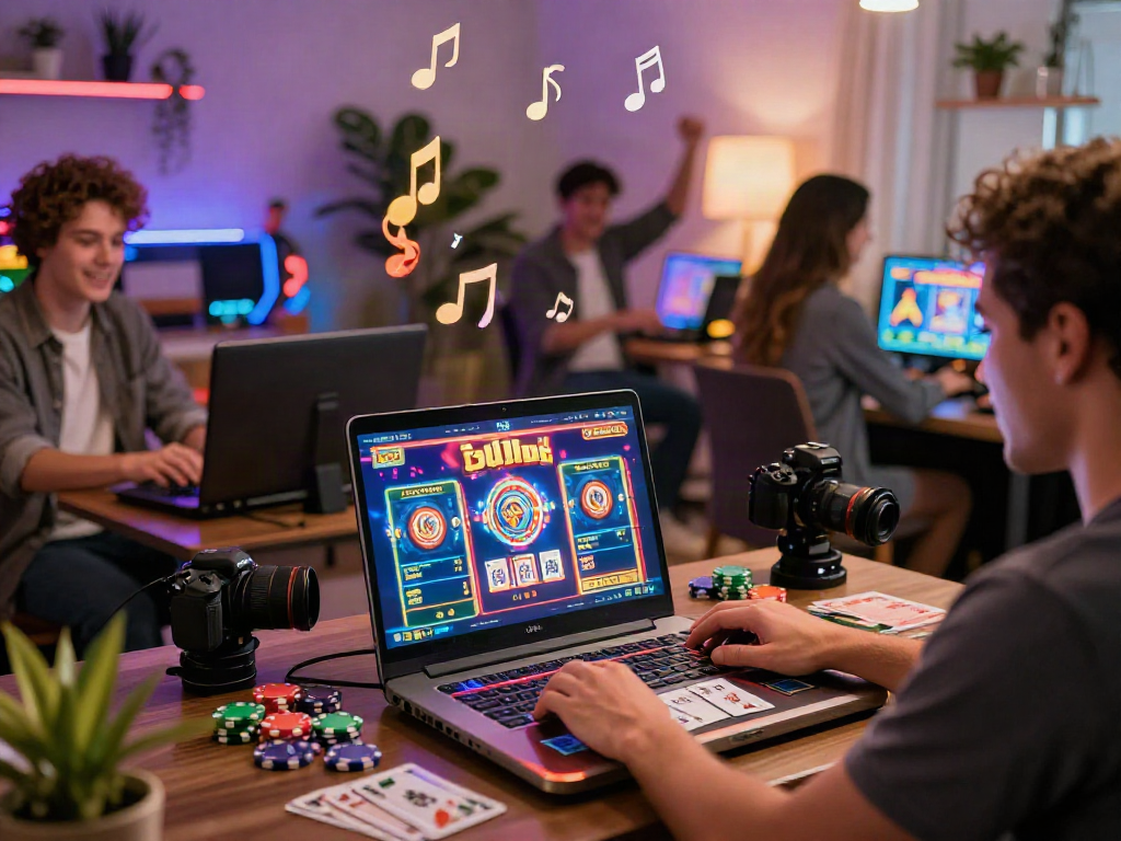 Exciting casino online gaming scene with diverse players celebrating wins and engaging with vibrant digital slots and cards.