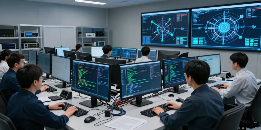 Engineers monitoring a network monitoring solution in a modern control room.