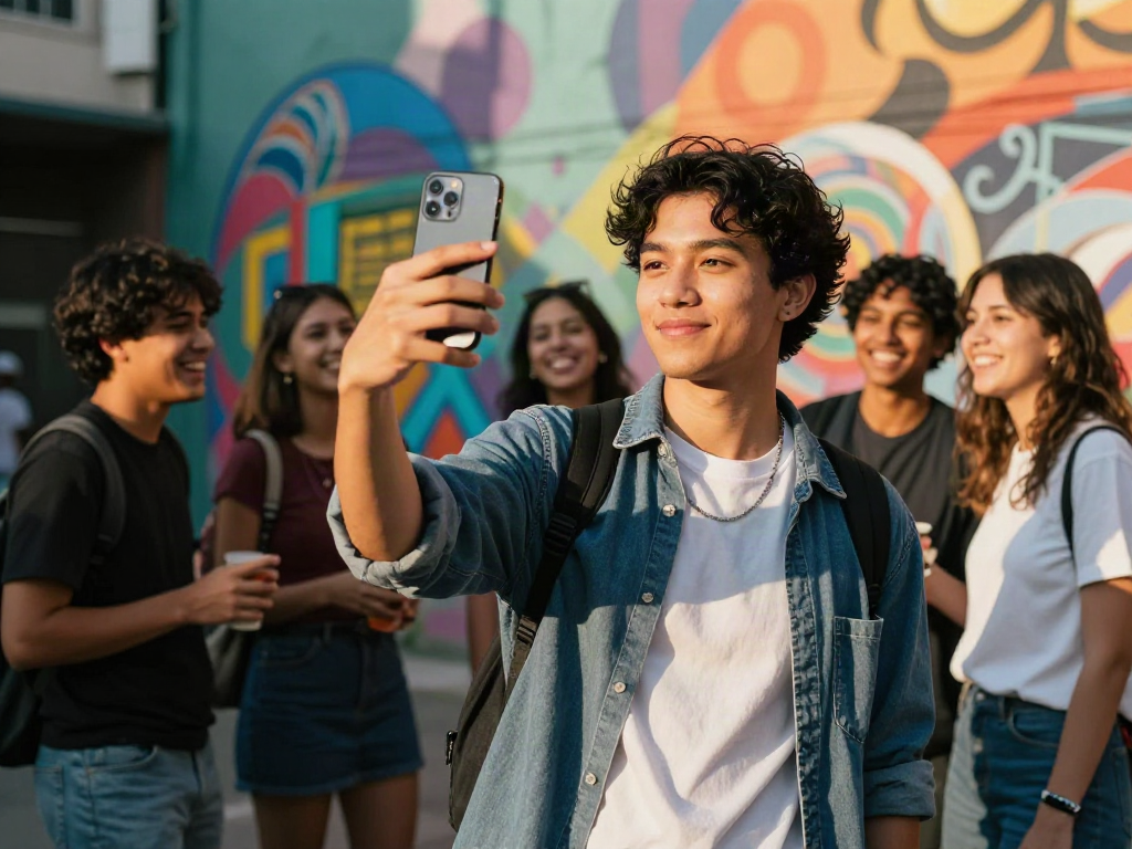 Engaging urban scene showcasing a young adult taking an attractive test selfie with friends, reflecting confidence and style.