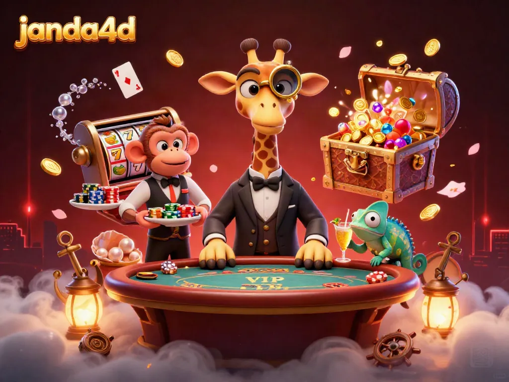 Gambarkan suasana bermain slot dengan janda4d, menunjukkan permainan slot dan karakter karnaval yang meriah.