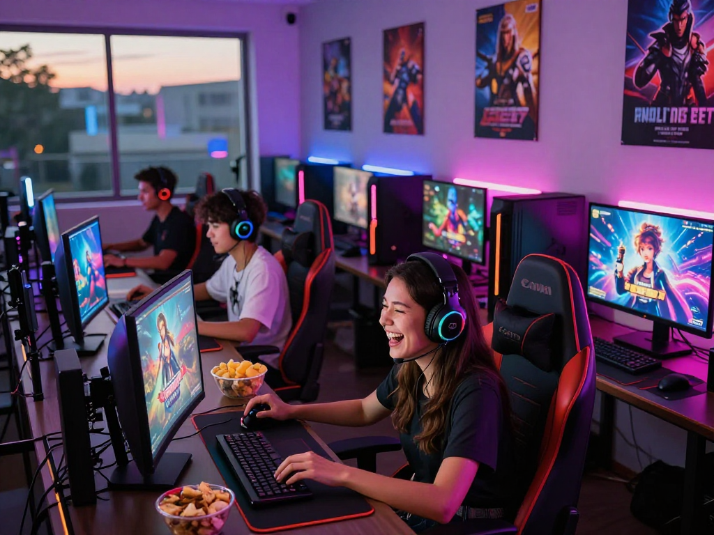 A lively gaming environment showcasing players enjoying various porngames on multiple screens, vibrant lighting and comfortable setting.