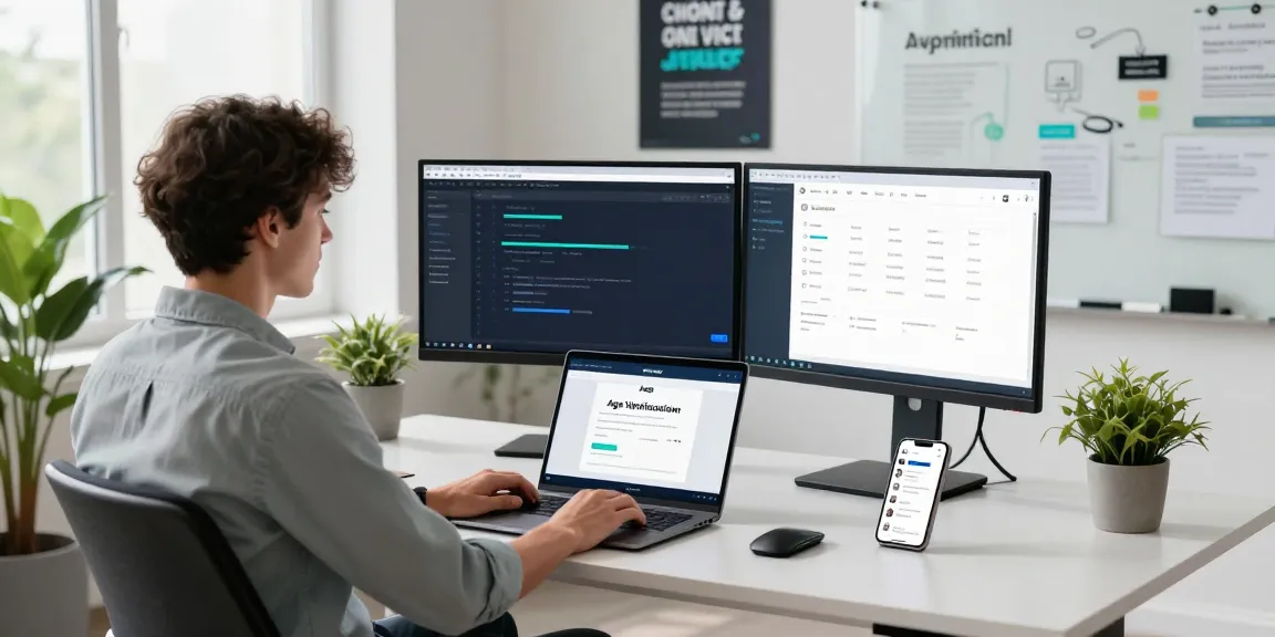 Developer integrating an age verification system in a modern office setting, showcasing analytics and software interface.