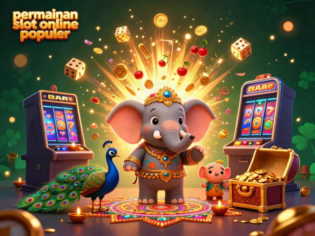 Promosi permainan slot online populer dengan simbol jackpot dan karakter unik di latar belakang.
