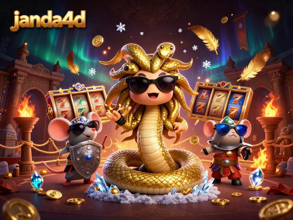 Permainan slot online JANDA4D dengan karakter Medusa dan mouse peperangan, menampilkan momen ceria dan menarik.