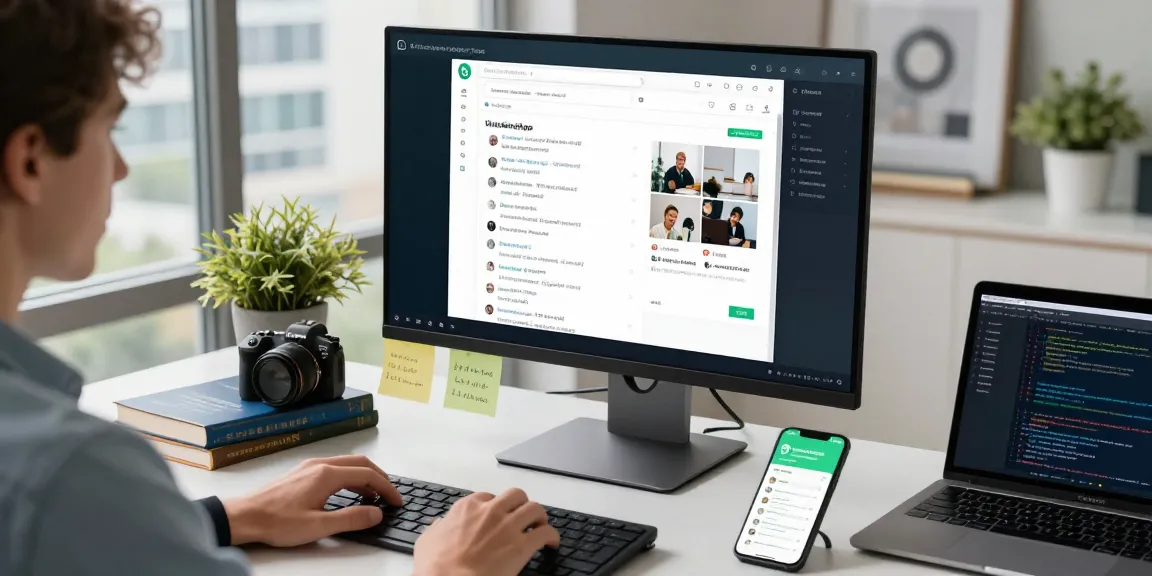 Using WhatsApp網頁版 in a vibrant workspace with digital devices, conveying modern communication.