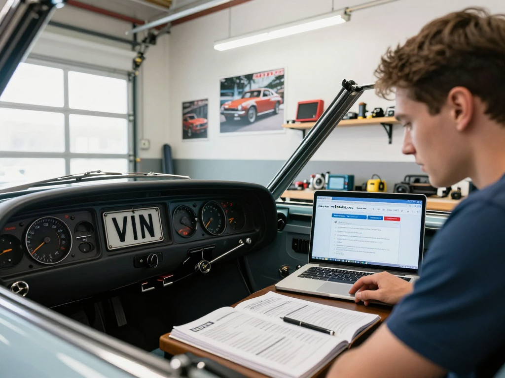 Lookup Carfax by VIN number with a car enthusiast examining a vehicle's VIN in a garage.