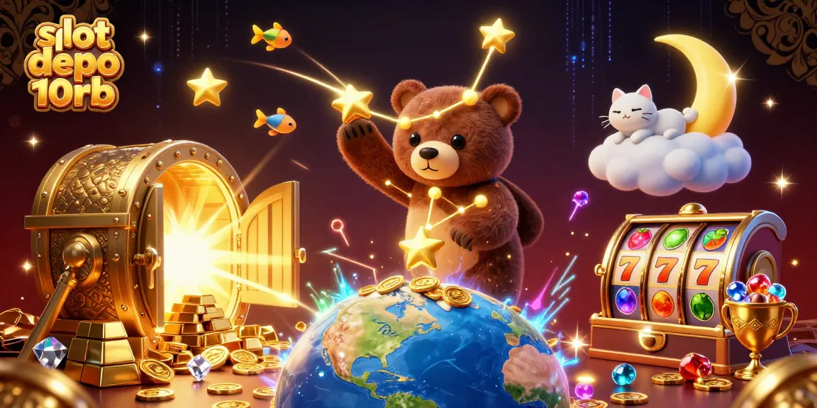Win big with slot depo 10rb in a vibrant 3D casino scene featuring golden treasures.