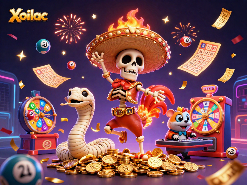 Xoilac's animated casino celebration features vibrant characters in a dynamic lottery scene.