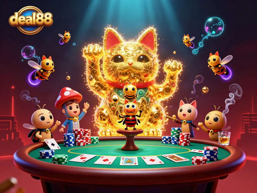 deal88 gameplay showcasing a golden lucky cat formed by fireflies, casino chips, and poker elements.