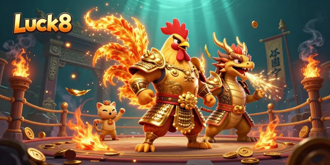 Experience thrilling action at Luck8 with a vibrant illustration of a warrior rooster and dragon in an exciting gambling scene.