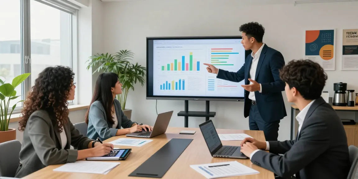 In a collaborative workspace, professionals find out more during a strategic meeting with engaging visuals.