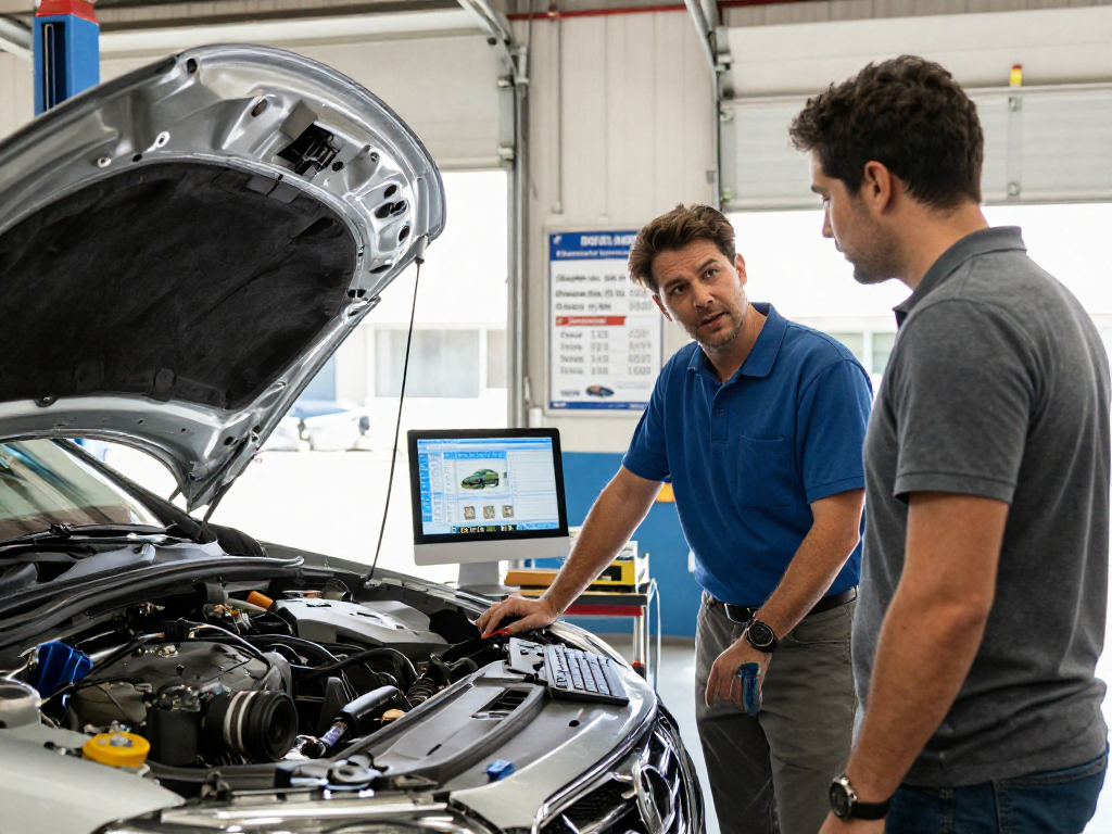 Examining a used car with a low-cost Carfax alternative options in a service center.