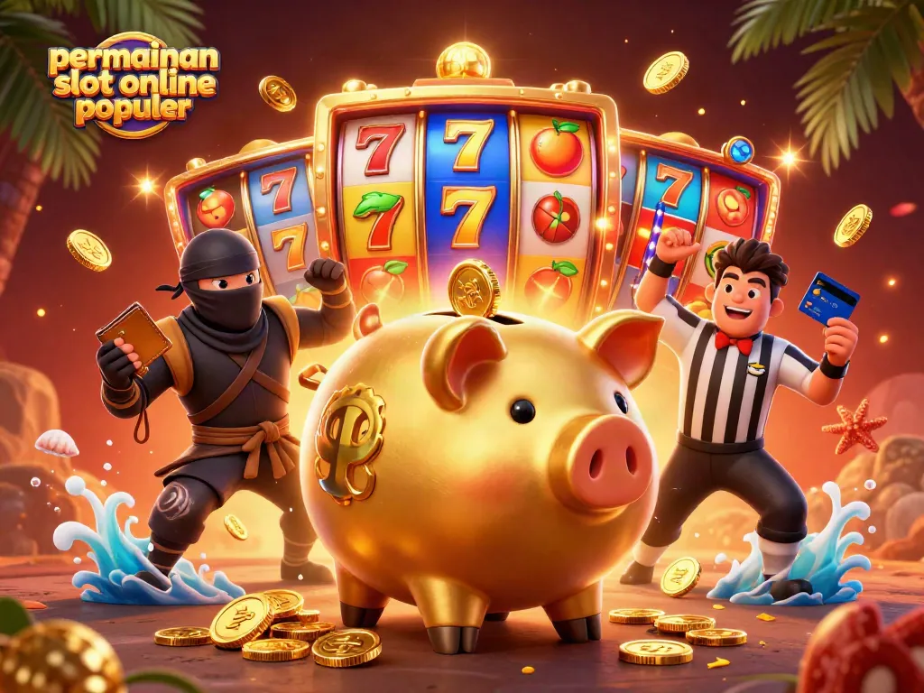 Permainan slot online populer menampilkan banker piggy bank dan ninja dalam ilustrasi kasino 3D yang dinamis.