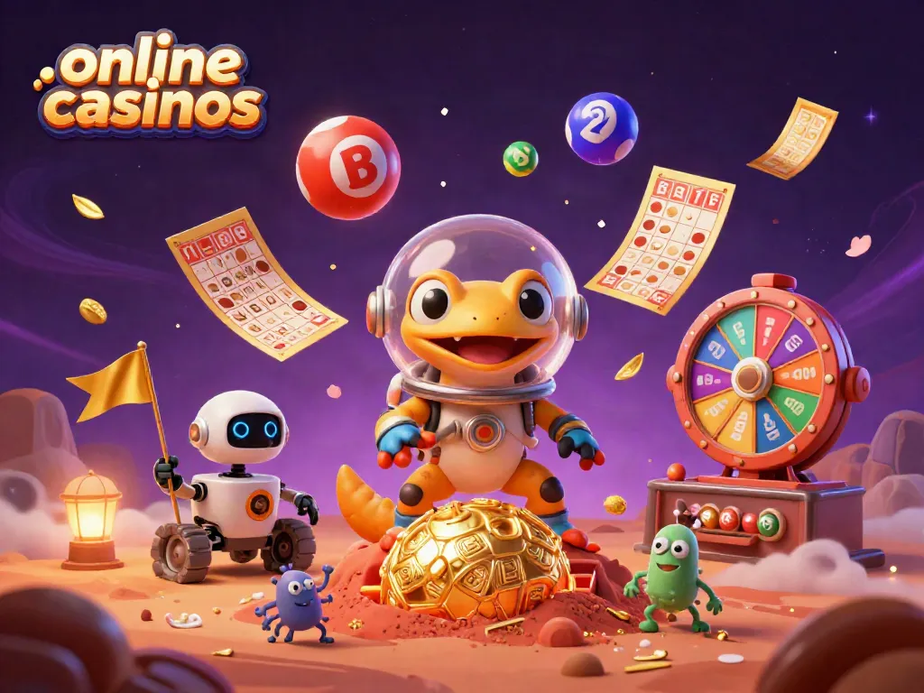 Engage in thrilling online casinos adventures with a Martian gecko exploring a golden casino amidst vibrant game elements.