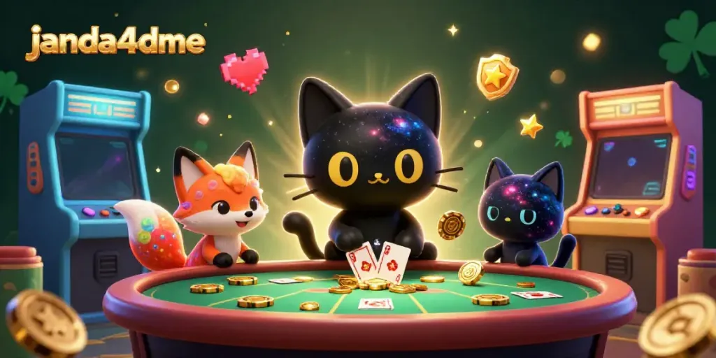 Permainan seru janda4dme yang menunjukkan kucing hitam 3D di meja kasino kosmik.