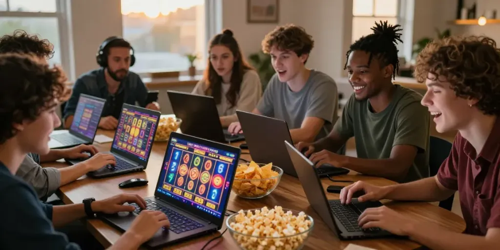 Exciting slot gaming scene with friends engaged in online gameplay, showcasing vibrant slot reels and snacks.