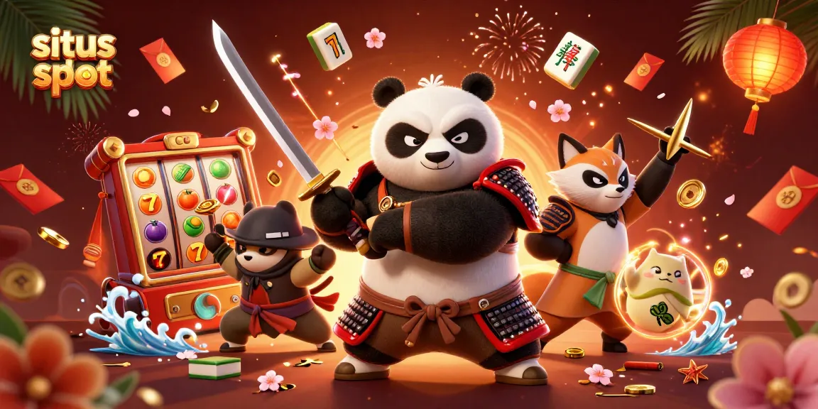 Experience situs slot excitement with a samurai panda and ninja fox in a vibrant 3D casino scene.
