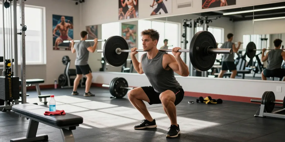 Driada Shop showcasing fitness enthusiast performing barbell squat in a vibrant gym setting.