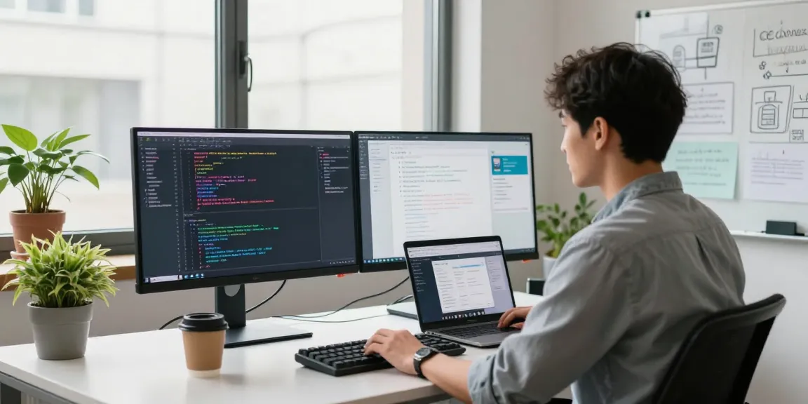 Professional tech workspace at telegramin-cn.com featuring dual monitors and collaborative setup