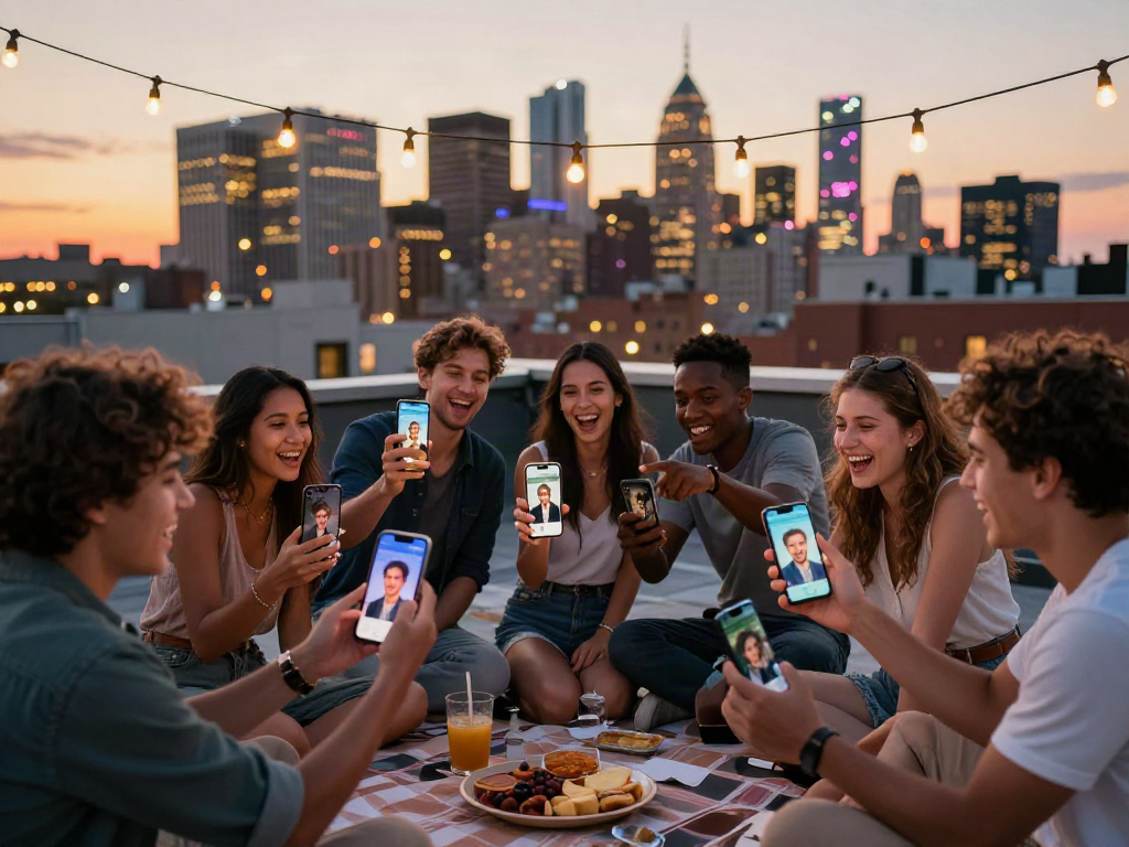 Group of friends joyfully sharing their celebrity look alike results on smartphones at sunset.