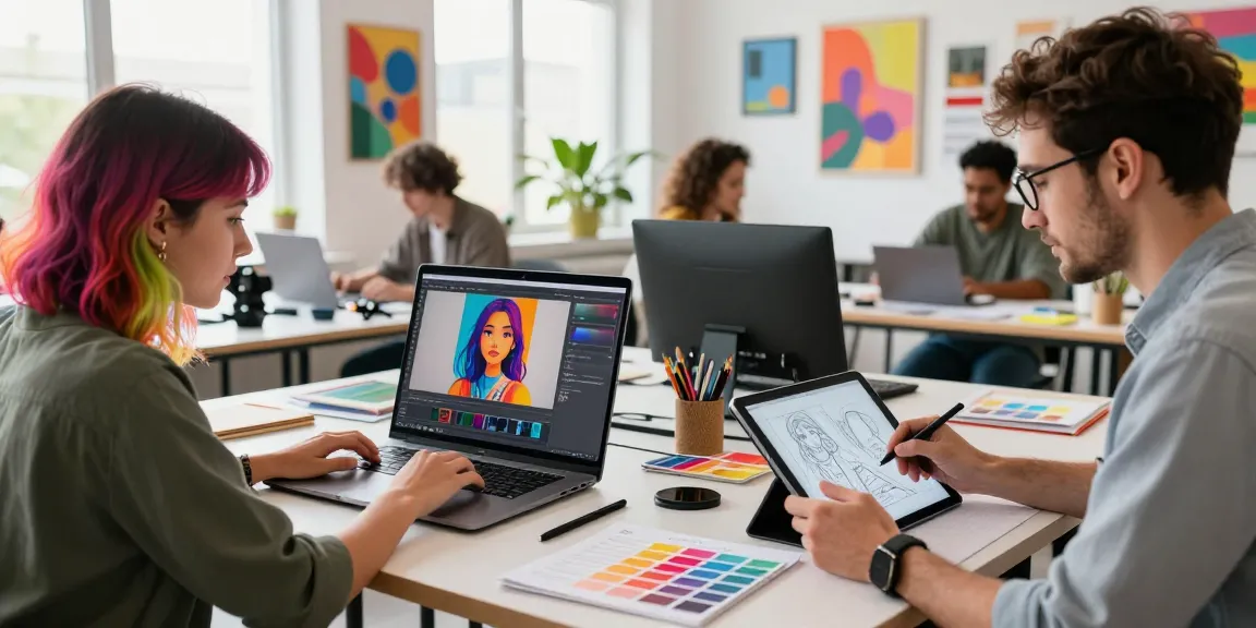 Artists collaboratively editing images with Nano Banana AI in a vibrant studio
