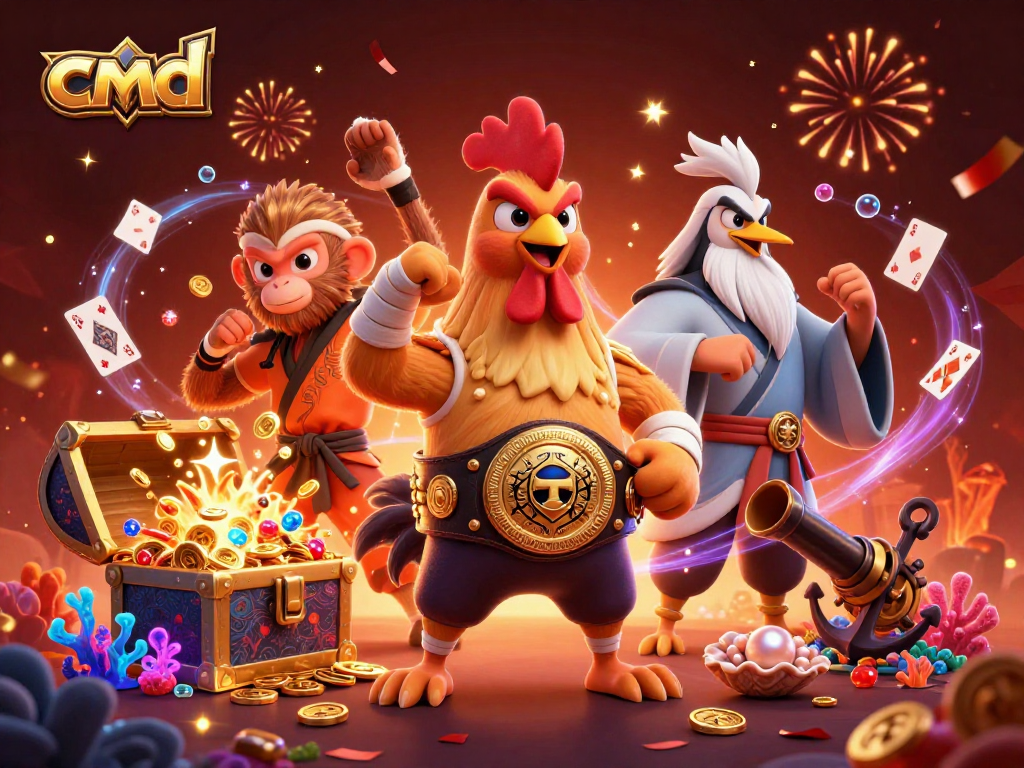 Engage in cmd gaming strategies with 3D Muay Thai rooster, monkey martial artist, and wise crane in dynamic casino scene.