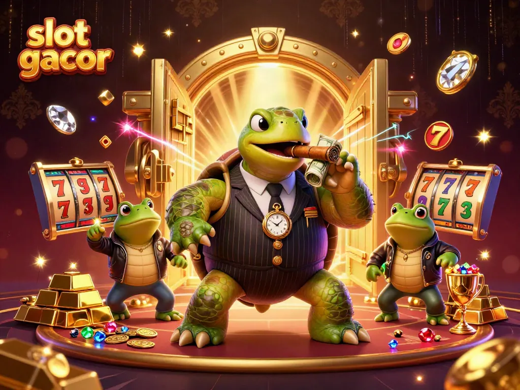 Spin and win on slot gacor with a vibrant 3D casino illustration featuring a turtle mobster and gems.